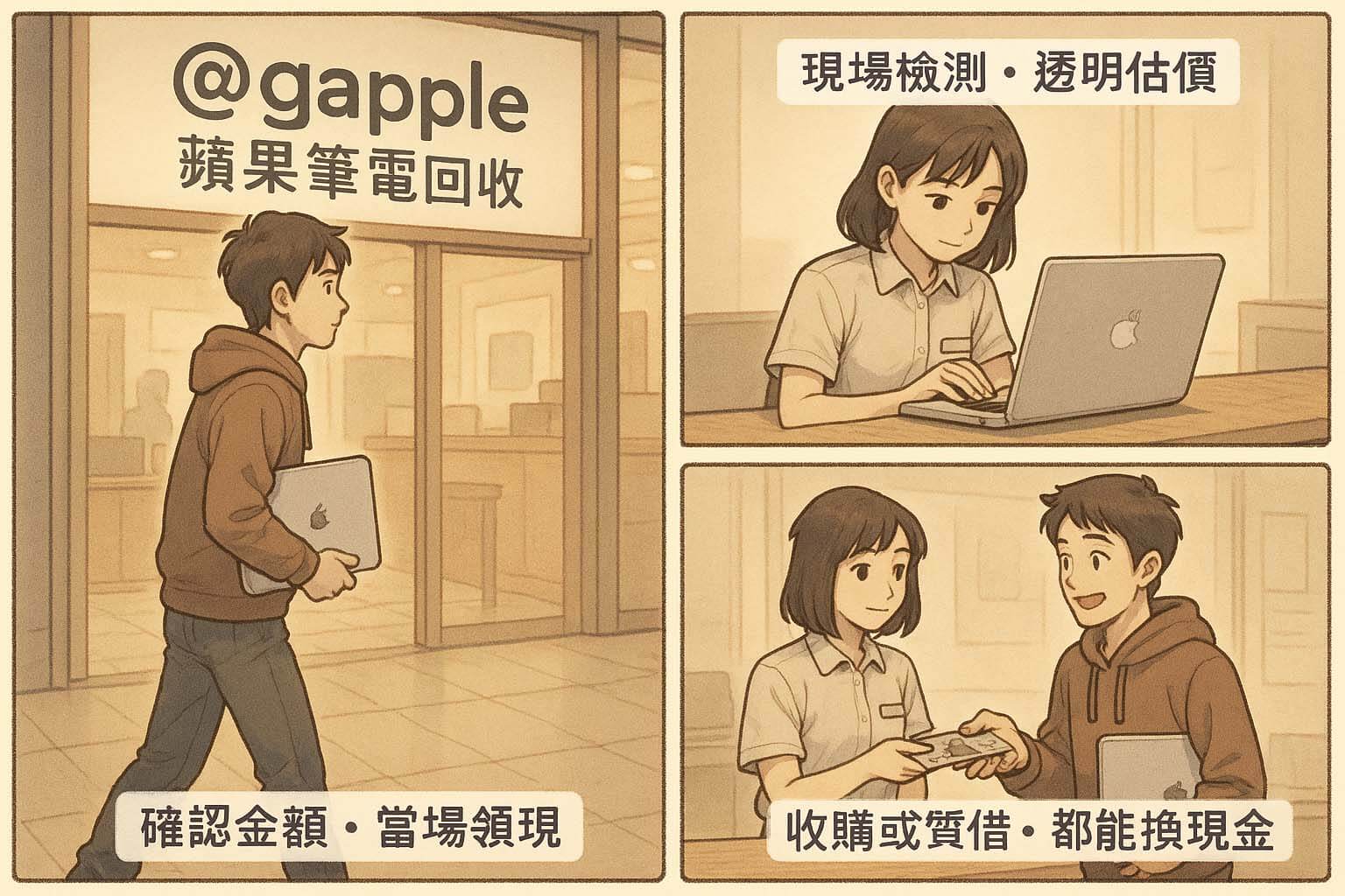 USED3C 蘋果筆電回收・質借換現金流程(日式漫畫風,有文字版)