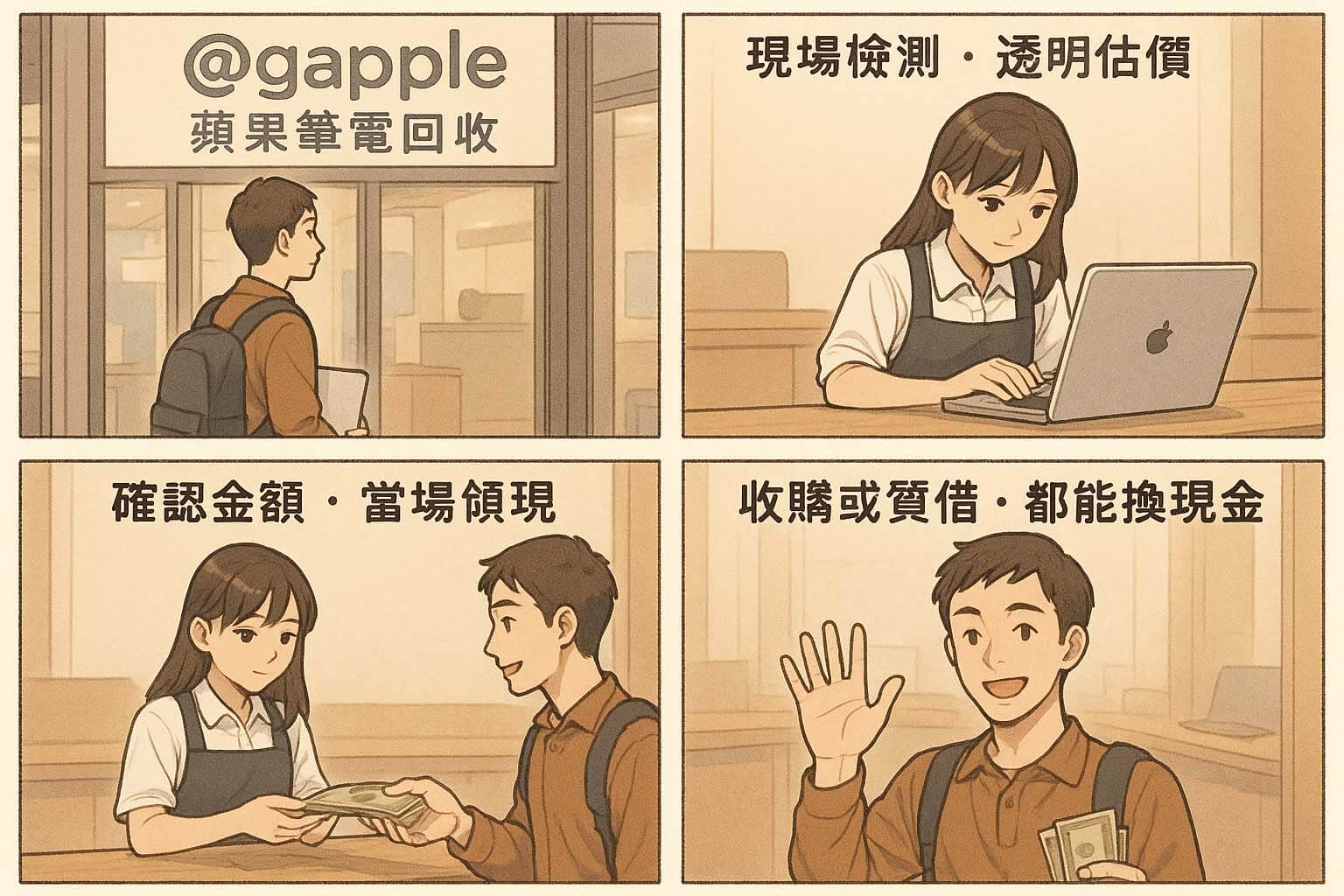 USED3C 蘋果筆電回收・質借換現金流程（日式漫畫風，有文字版）
